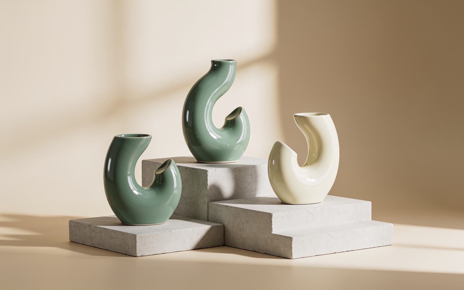 Sage and cream ceramic vessels on stone plinths