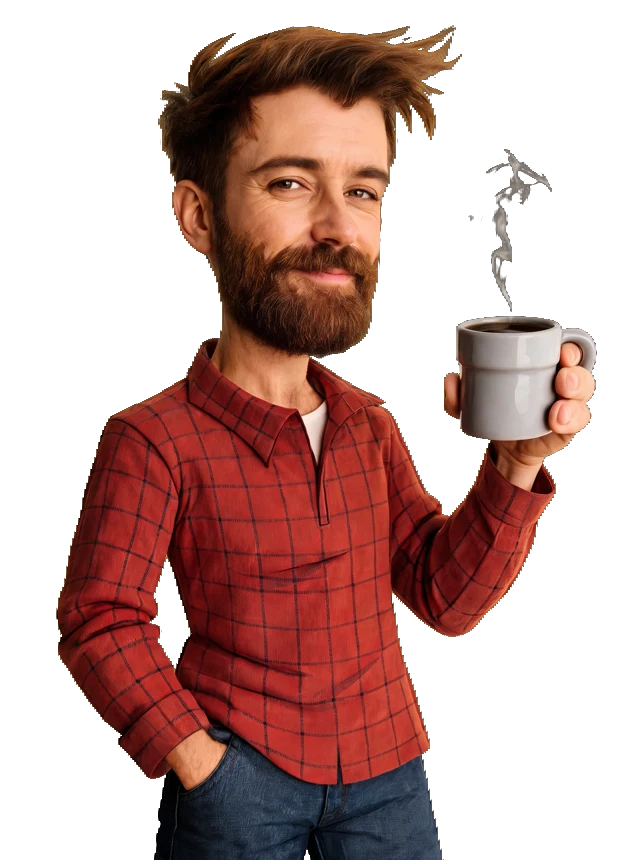Nerd Dad, smiling with a warm cup of coffee.