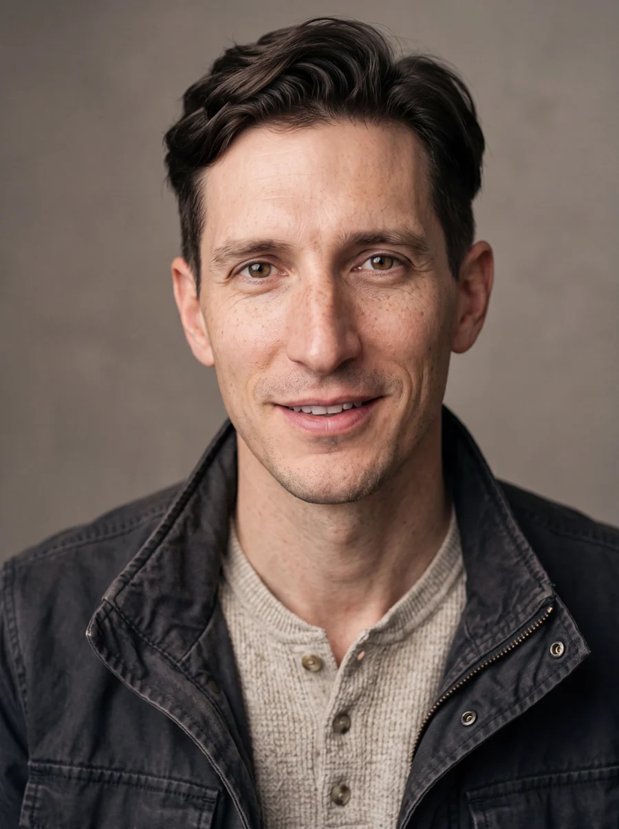 Evan Mercer, a fictional dark-haired investigator in a charcoal jacket.