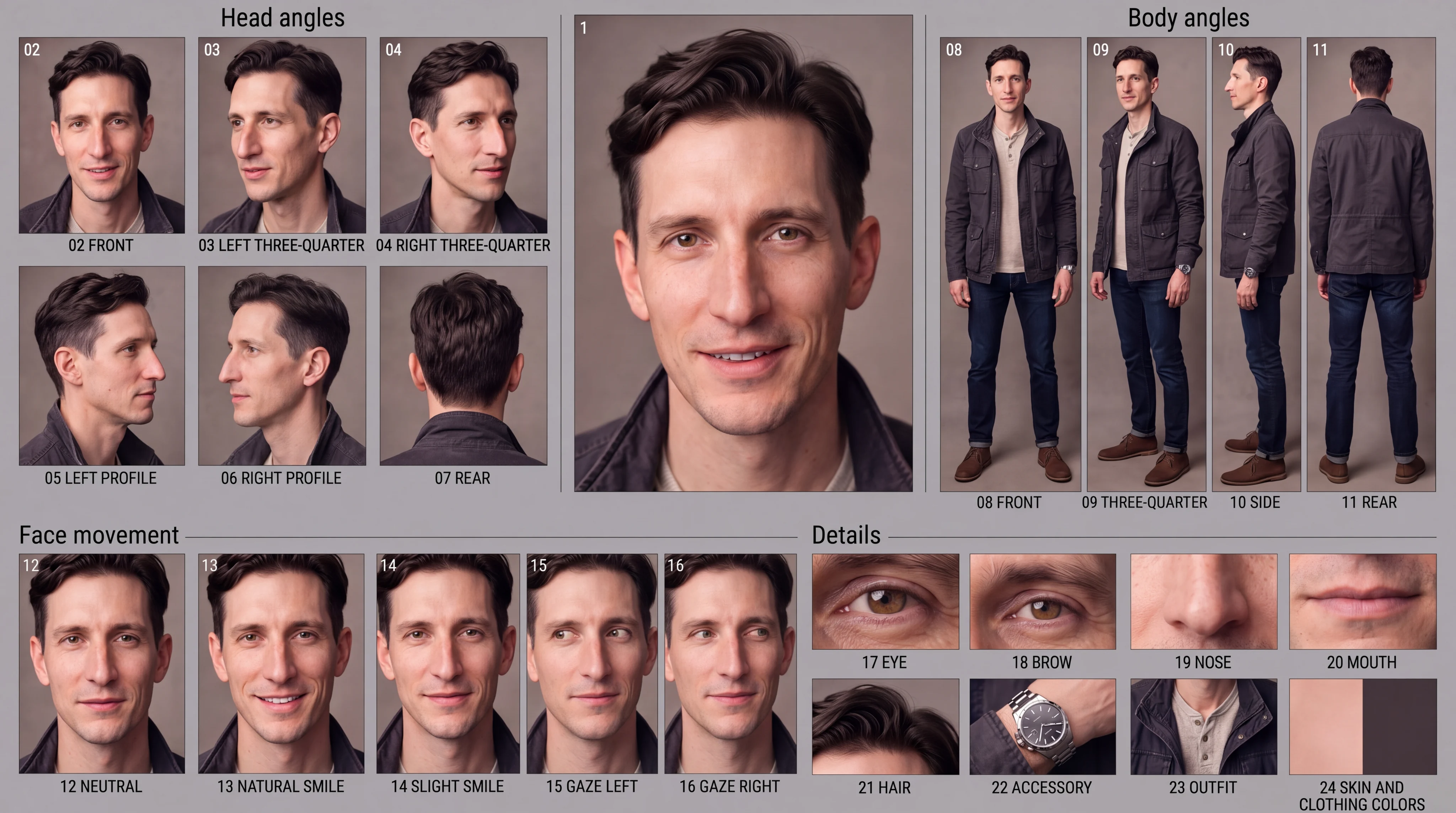 Evan Mercer reference board with face angles, full-body studies, expressions, and clothing details.