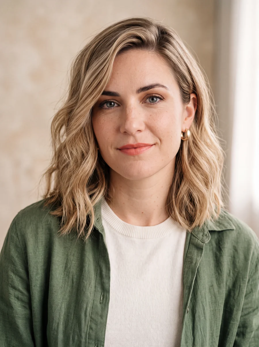 Mara Vale, a fictional blonde technology host in a moss-green overshirt.