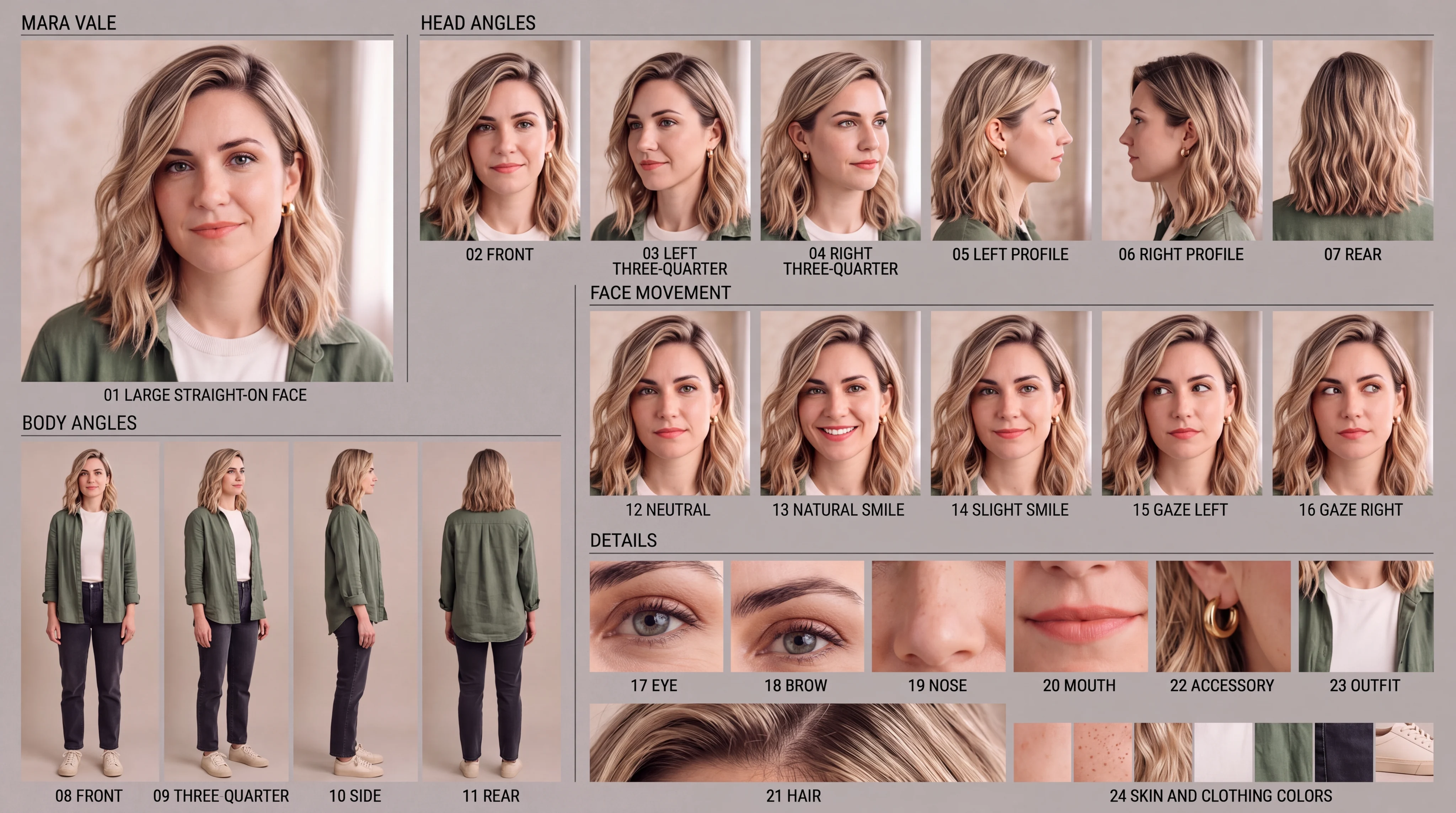 Mara Vale reference board with face angles, full-body views, expressions, and material details.