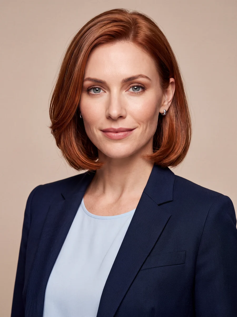 Nora Quinn, a fictional red-haired science host in a navy blazer.