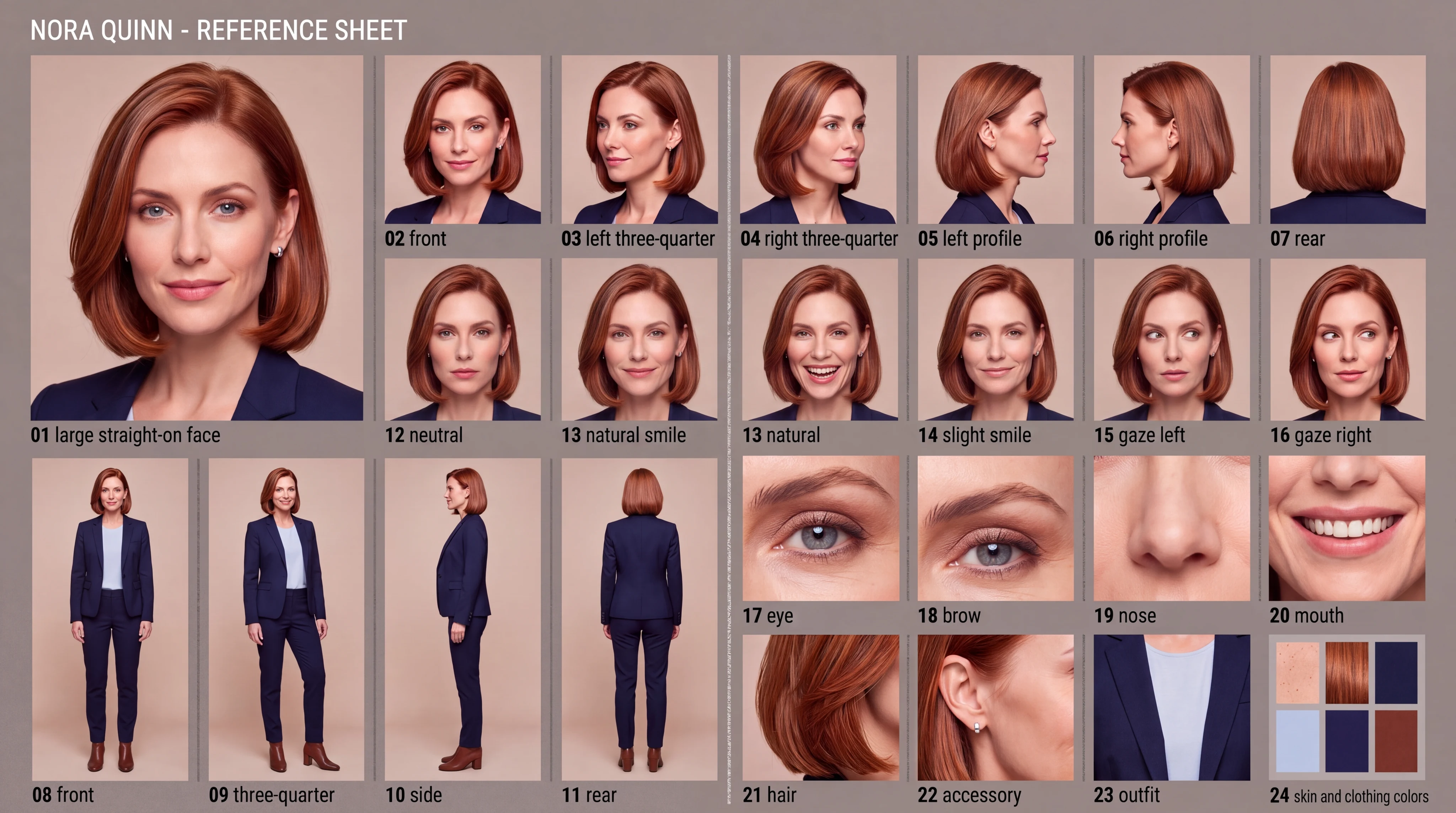 Nora Quinn reference board with her copper bob, navy outfit, expressions, and face close-ups.