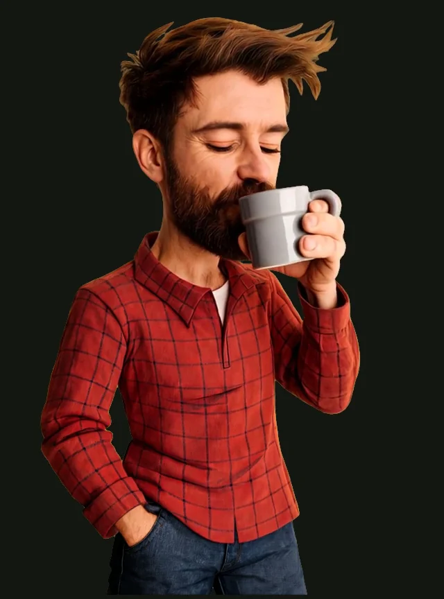 Realistic Nerd Dad taking a sip from his gray mug.