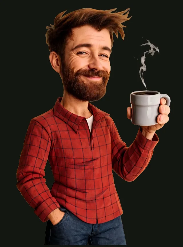Realistic Nerd Dad smiling while holding his coffee.
