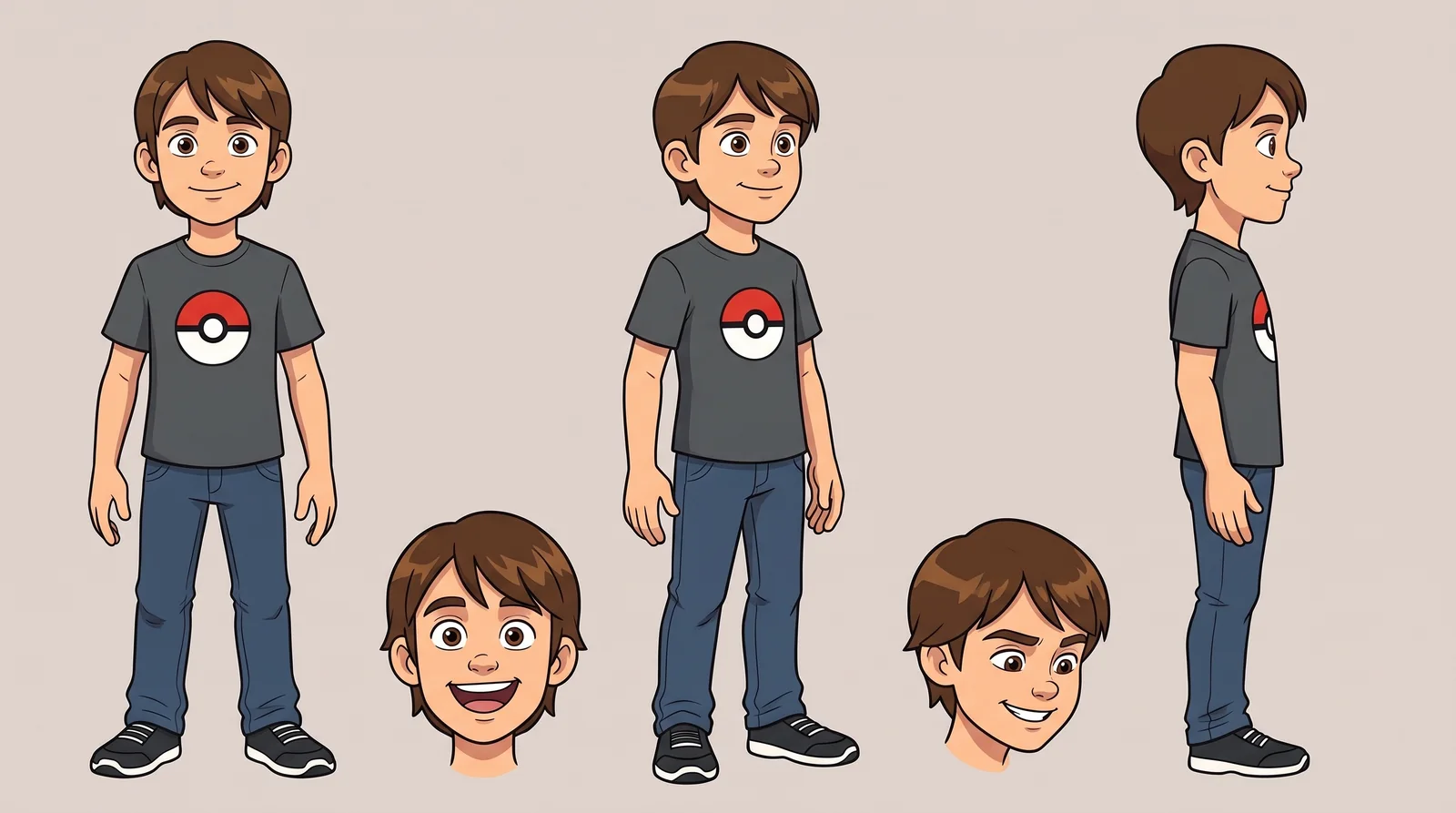 Cartoon boy sheet with short brown hair, gray Poké Ball shirt, jeans, and black sneakers.