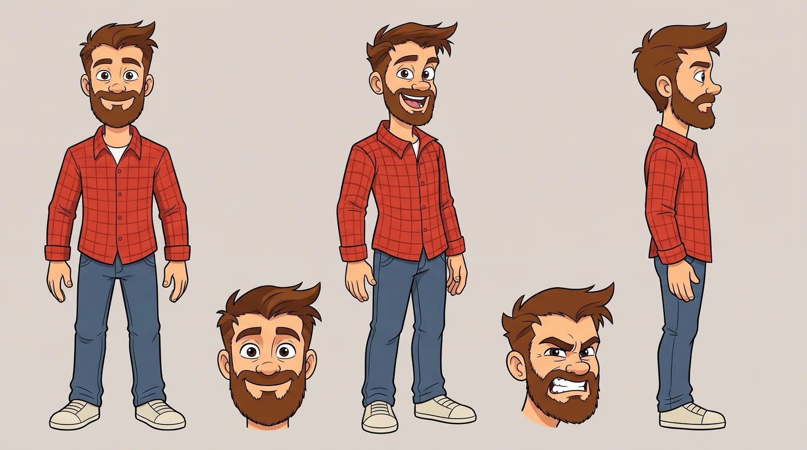 Cartoon Nerd Dad in front, angled, and side views, with two face close-ups.