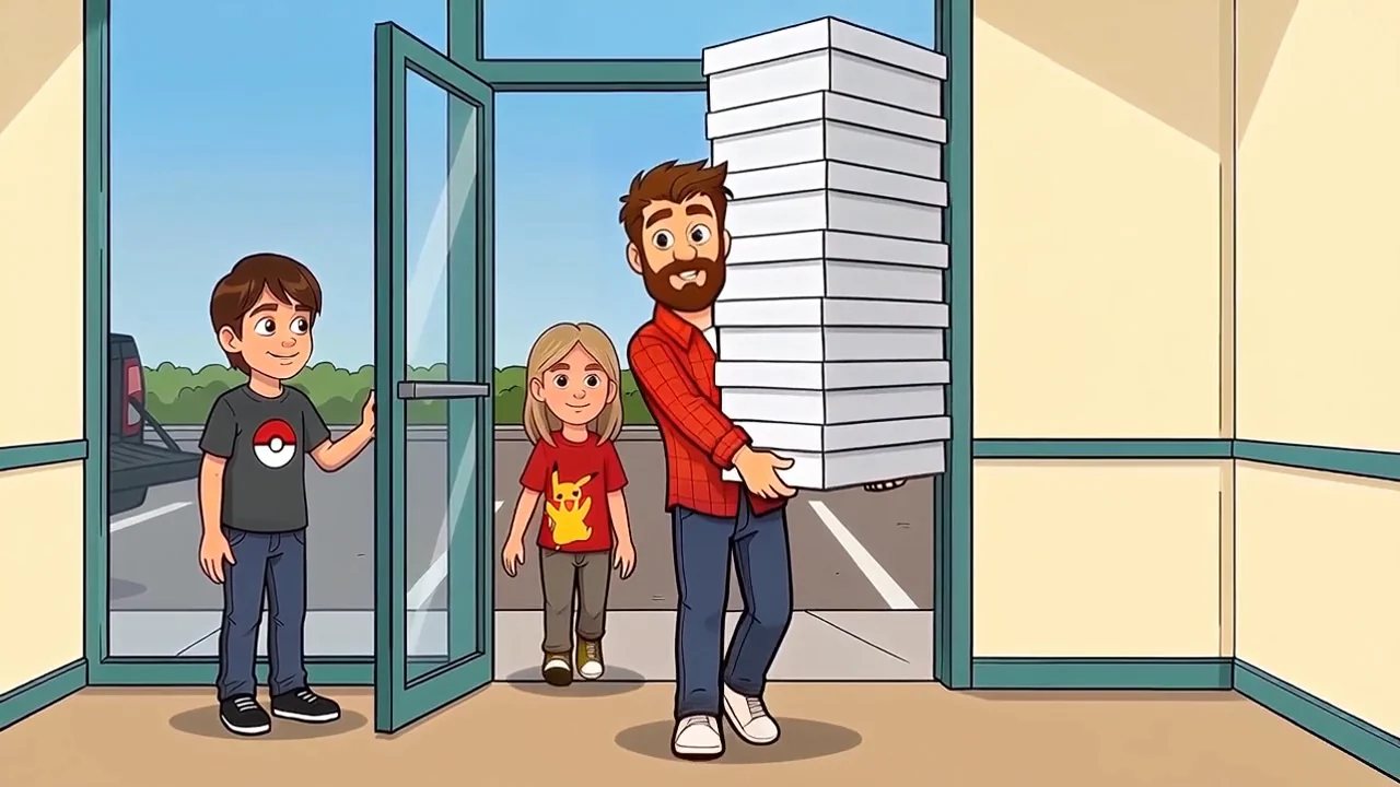 The boy holding the store door as Dad carries the boxes inside and the girl follows.