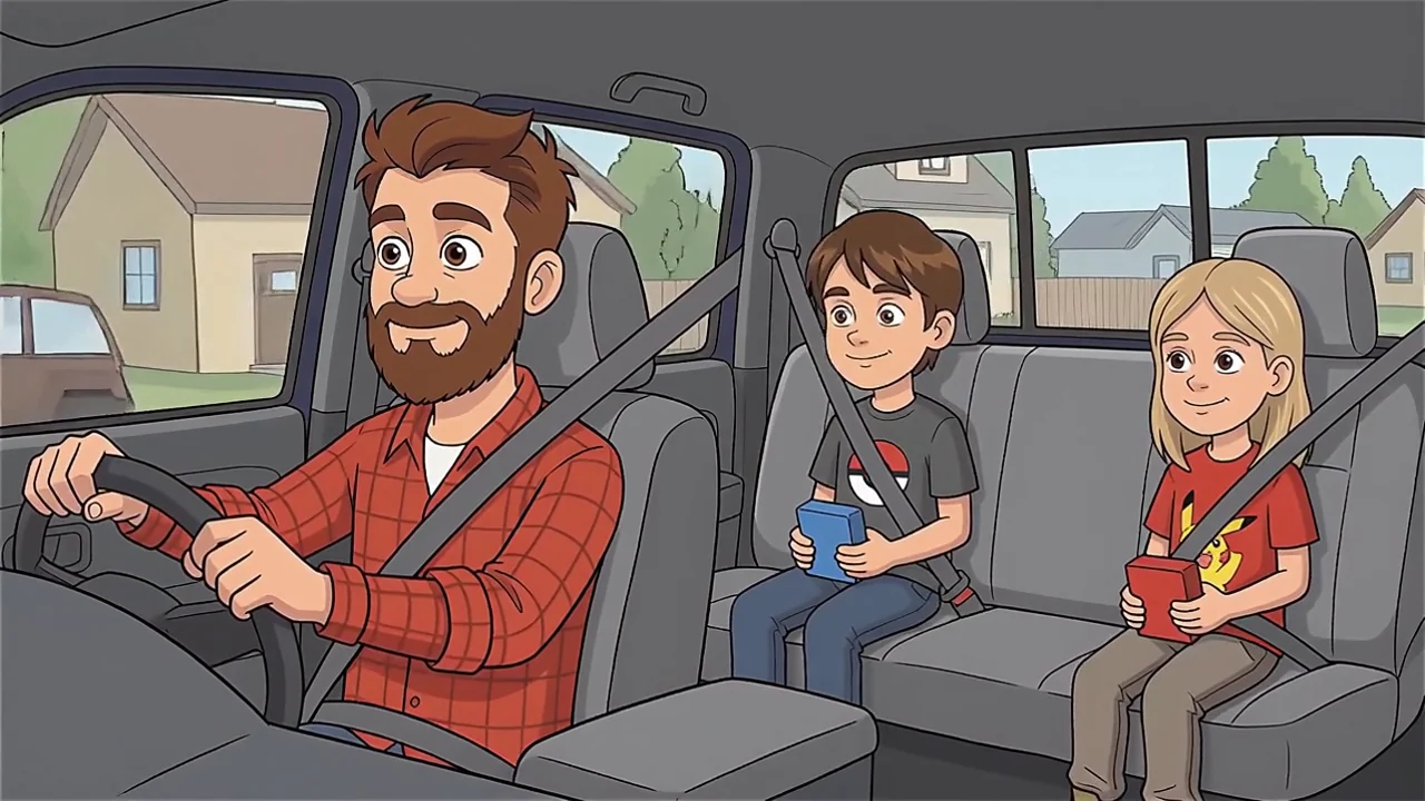 Dad driving the pickup with both kids wearing seat belts in the rear seats.