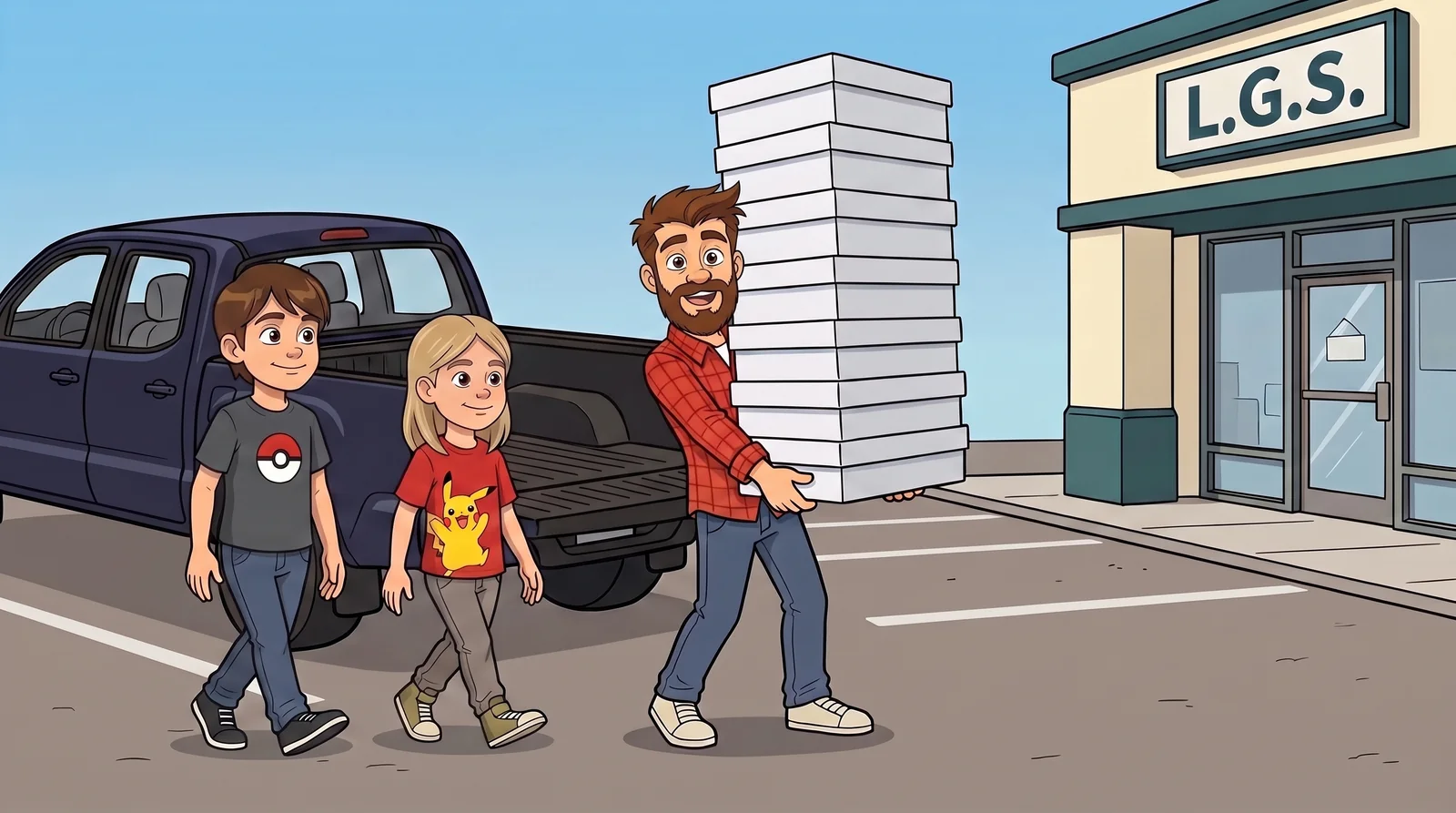 Approved family scene with both kids beside Dad, whose face is visible next to a tall stack of boxes.