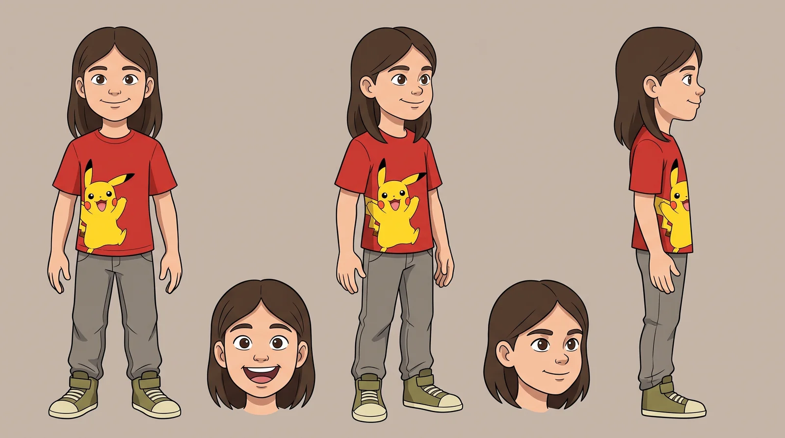 First cartoon girl sheet with brown shoulder-length hair and a red Pikachu shirt.