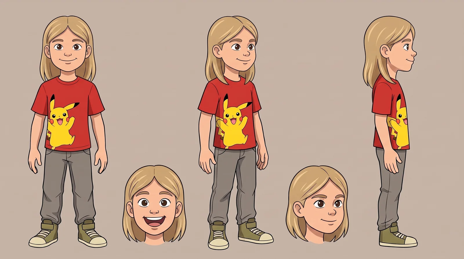 Corrected cartoon girl sheet with golden dirty-blonde hair and the same face, clothes, and poses.