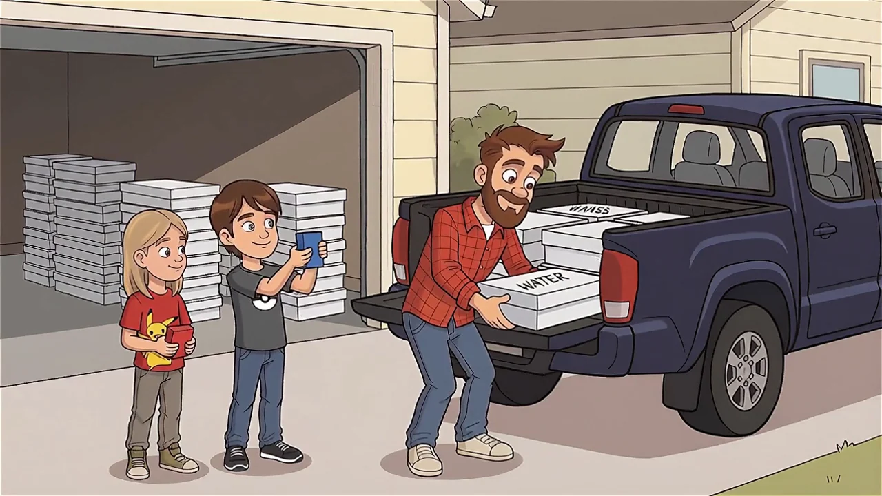 Dad loading white card boxes into the blue truck while the two kids hold small deck cases.