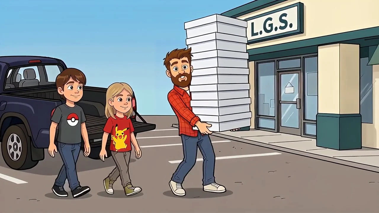 Dad carrying a tall stack of boxes across the game-store parking lot with both kids.