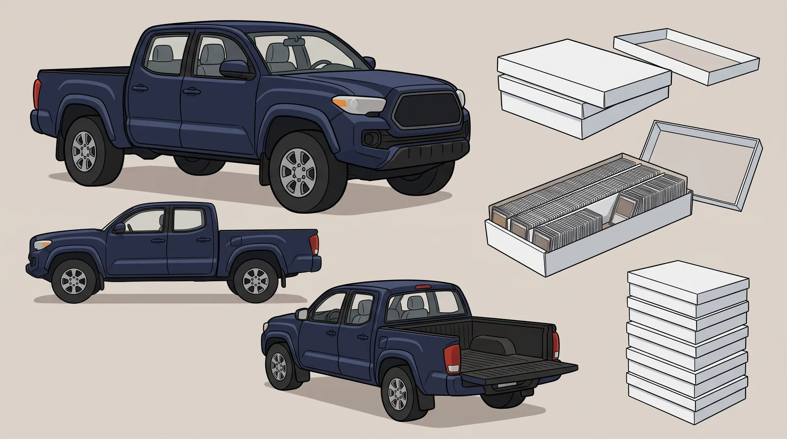 Reference sheet for a dark blue pickup and broad white trading-card storage boxes.