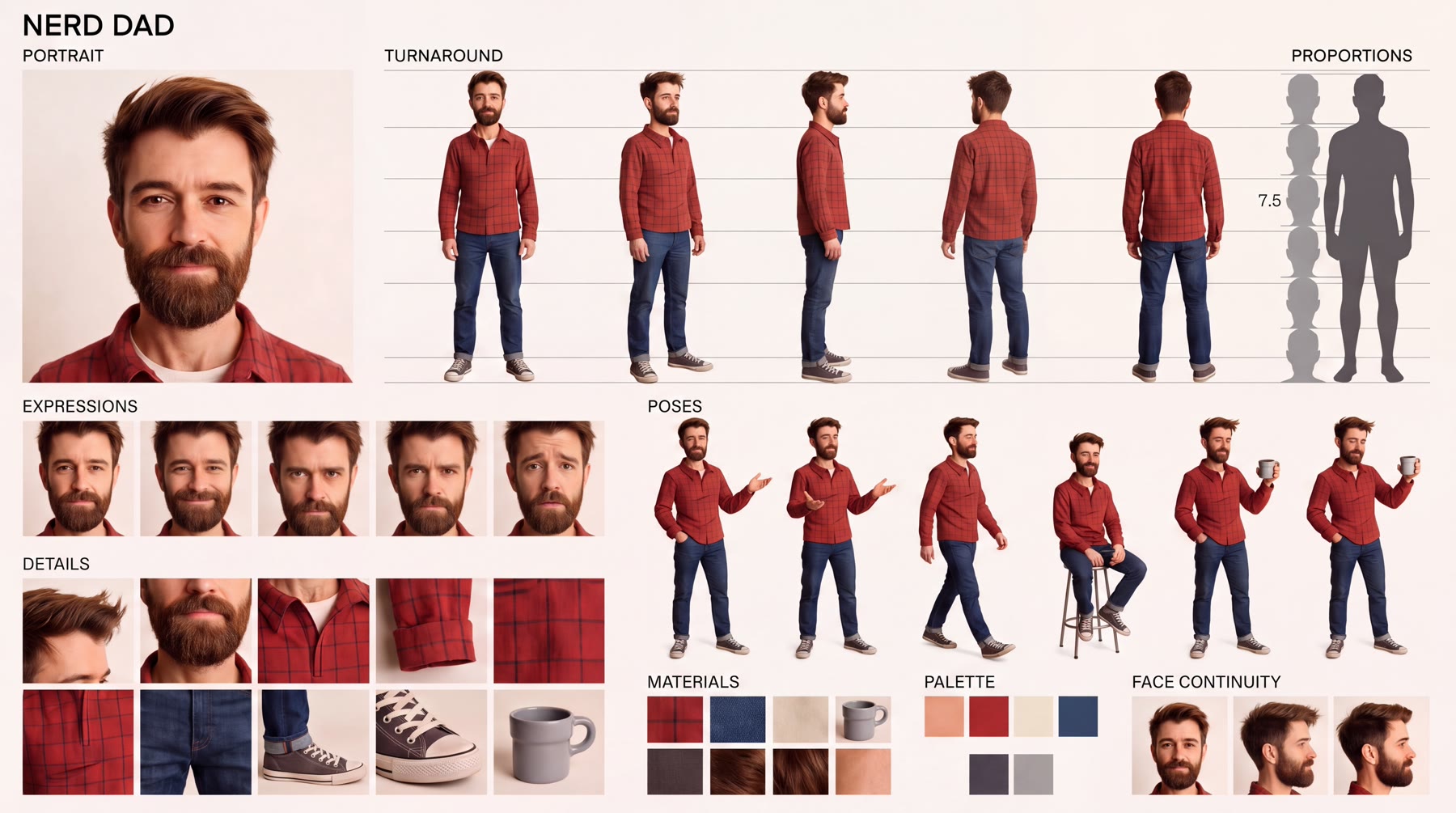 Realistic Nerd Dad reference sheet with body views, expressions, poses, details, and color samples.