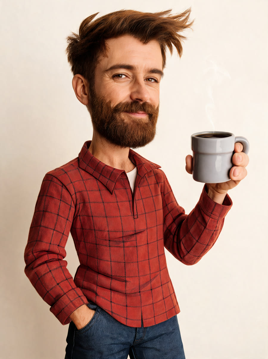 The fictional realistic Nerd Dad, with the same hair, beard, red plaid shirt, and mug.